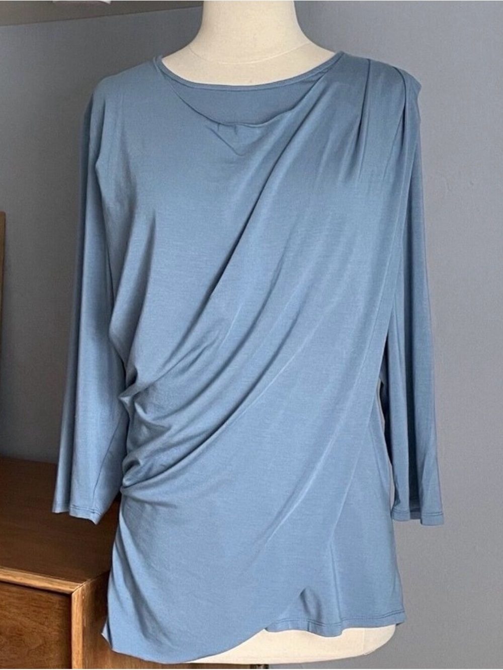 Ruti Blue Jersey Knit Front Drape Wrap Top